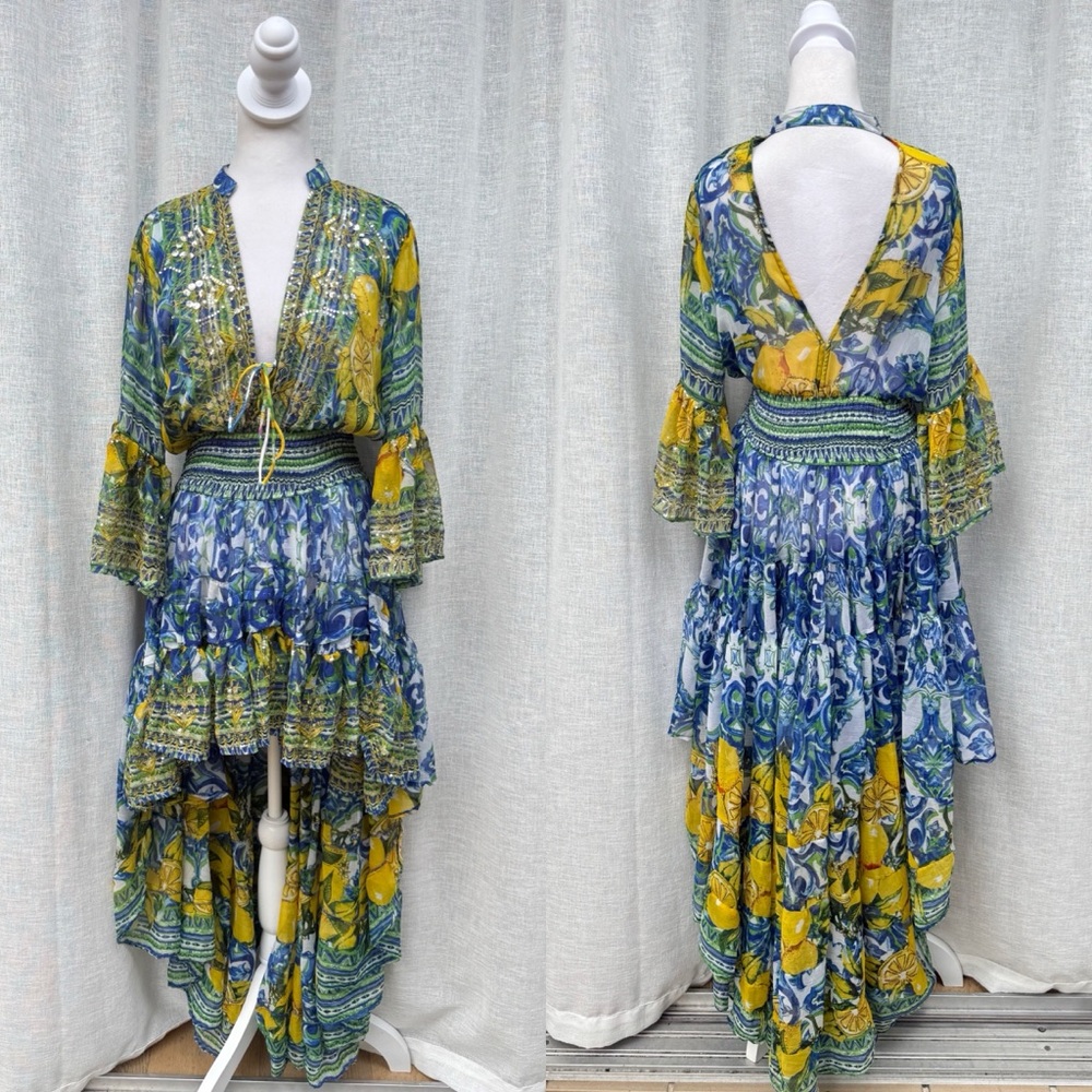 ANTICA SARTORIA by Giacomo Cinque LEMONS blue Mediterranean sequin sheer Dress - Picture 2 of 14
